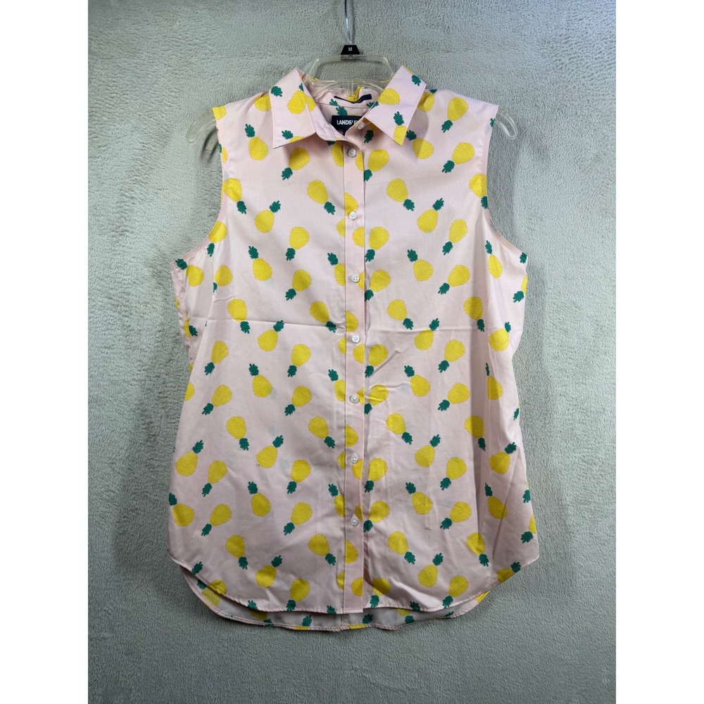 Lands' End No Iron Supima Sleeveless Shirt Women's 10T Pink Pineapple Print
